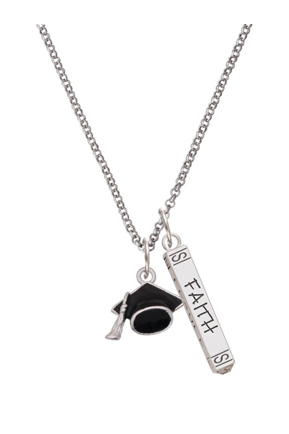 Silvertone 3-D Graduation Hat Silvertone Believe Faith Prayer Hope Bar Charm Necklace, 23"