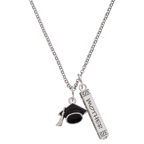 Delight Jewelry Silvertone 3-D Graduation Hat Silvertone Mother Daughter Bar Charm Necklace, 23"