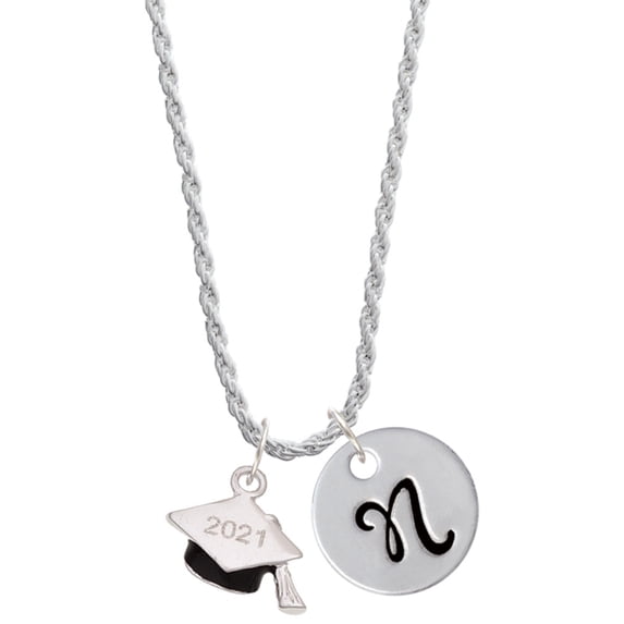 Delight Jewelry Silvertone 3-D Graduation Hat with 2021 Silvertone Script Initial Disc - N - Charm Necklace, 20"+3"