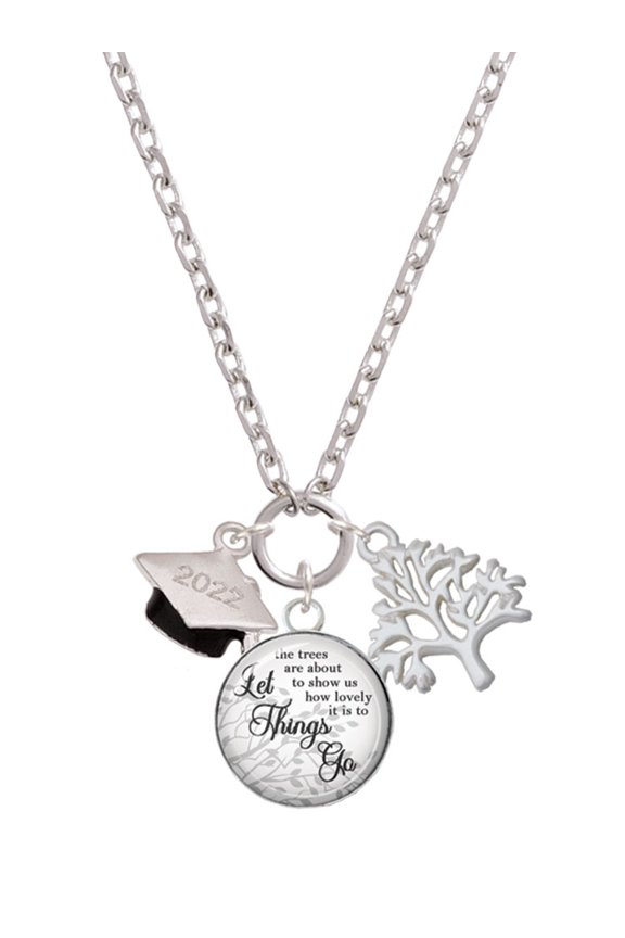 Silvertone 3-D Graduation Hat with 2022 Let Things Go Fall Zoey Charm Necklace, 28"