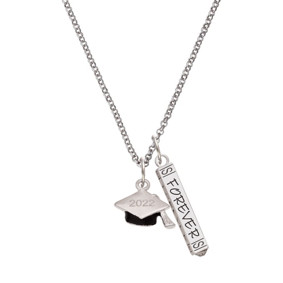Delight Jewelry Silvertone 3-D Graduation Hat with 2022 Silvertone Forever Bar Charm Necklace, 23"