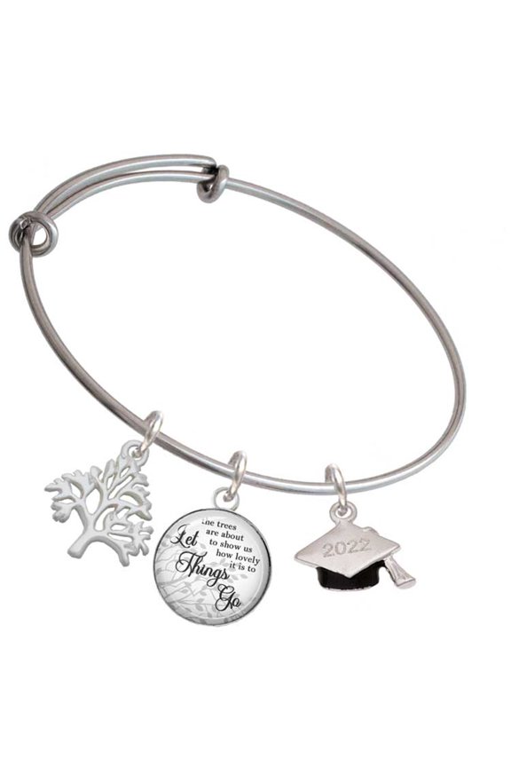 Silvertone 3-D Graduation Hat with 2022 Silvertone Let Things Go Tree Charm Bangle Bracelet