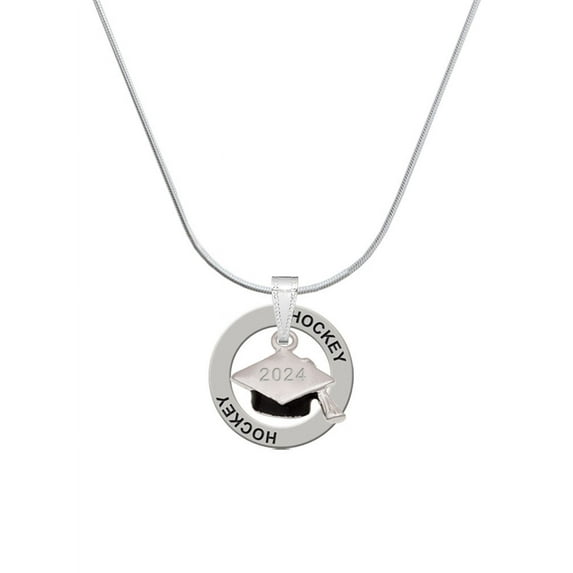 Delight Jewelry Silvertone 3-D Graduation Hat with 2024 Hockey Ring Charm Necklace, 18"
