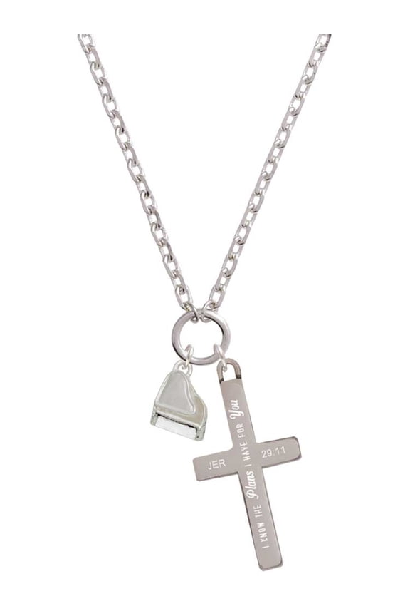 Silvertone 3-D Grand Piano I Have Plans for You Engraved Cross Zoey Necklace, 28"