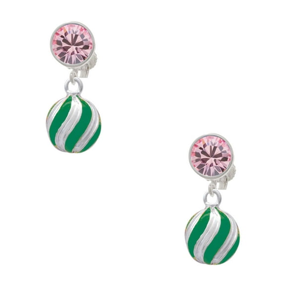 Delight Jewelry Silvertone 3-D Green Striped Ornament Pink Crystal Clip on Earrings