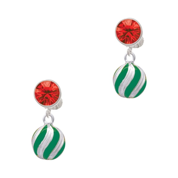 Delight Jewelry Silvertone 3-D Green Striped Ornament Red Crystal Clip on Earrings