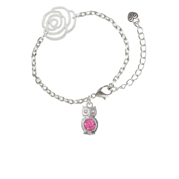 Delight Jewelry Silvertone 3-D Hot Pink & AB Crystal Owl Silver-tone Flower Link Chain Bracelet, 6.75"+2" Extender