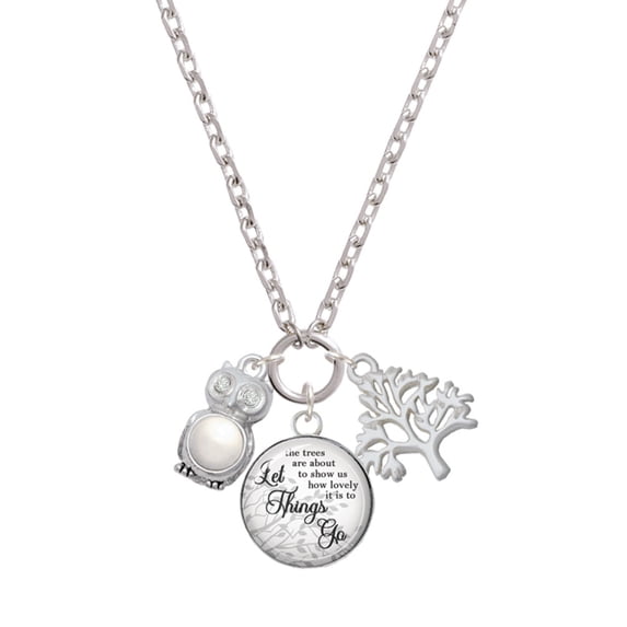 Delight Jewelry Silvertone 3-D Imitation Pearl & Clear Crystal Owl Let Things Go Fall Zoey Charm Necklace, 28"