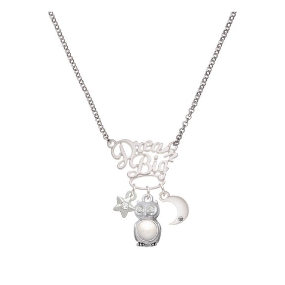 Delight Jewelry Silvertone 3-D Imitation Pearl & Clear Crystal Owl Silvertone Dream Big Pendant Necklace, 25"
