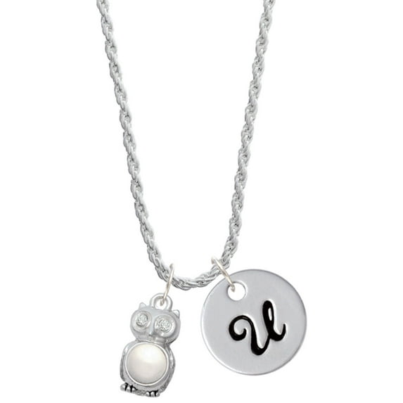 Delight Jewelry Silvertone 3-D Imitation Pearl & Clear Crystal Owl Silvertone Script Initial Disc - U - Charm Necklace, 20"+3"