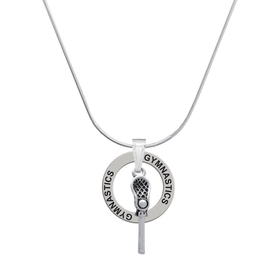 Delight Jewelry Silvertone 3-D Lacrosse Stick and Ball Gymnastics Ring Charm Necklace, 18"