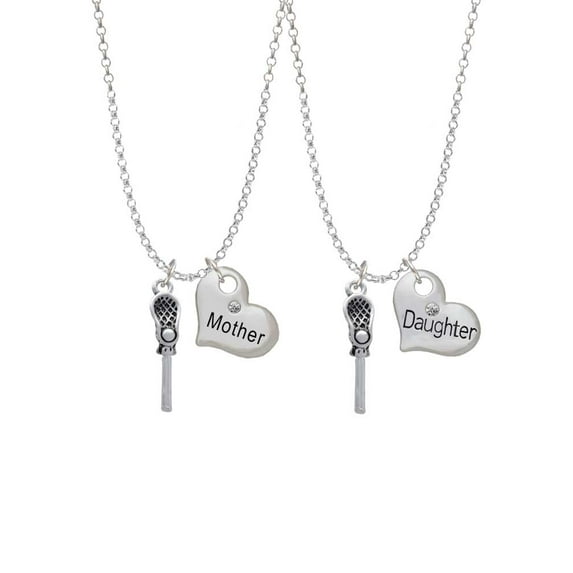 Delight Jewelry Silvertone 3-D Lacrosse Stick and Ball Mother & Daughter Heart Necklaces (Set of 2), 19"+2"