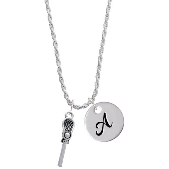 Delight Jewelry Silvertone 3-D Lacrosse Stick and Ball Silvertone Script Initial Disc - A - Charm Necklace, 20"+3"