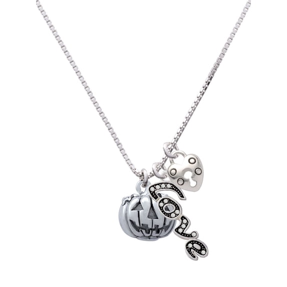 Delight Jewelry Silvertone 3-D Large Jack O' Lantern with Leaves - Love and Lock Charm Necklace, 18"+1"