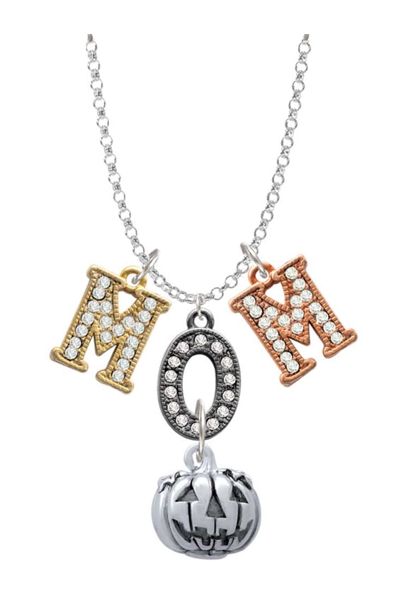 Silvertone 3-D Large Jack O' Lantern with Leaves Multi-Colored Crystal Mom Charm Necklace