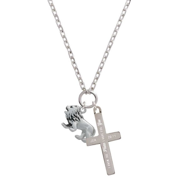 Delight Jewelry Silvertone 3-D Lion I Have Plans for You Engraved Cross Zoey Necklace, 28"