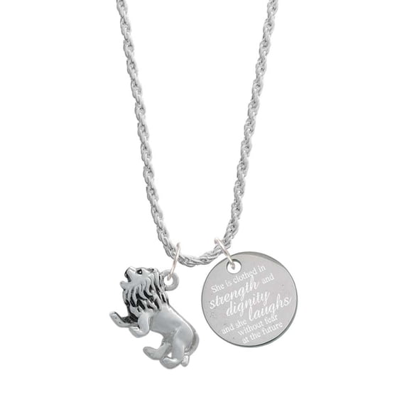 Delight Jewelry Silvertone 3-D Lion She is Clothed in Stength and Dignity Charm Necklace, 20"+3"