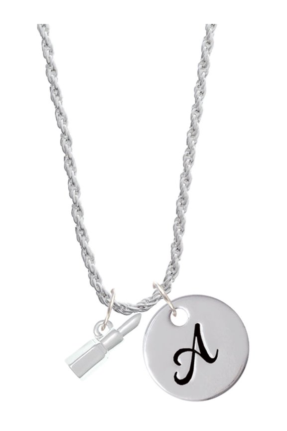 Silvertone 3-D Lipstick Silvertone Script Initial Disc - A - Charm Necklace, 20"+3"