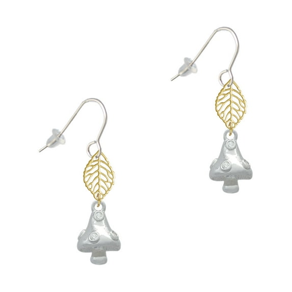 Delight Jewelry Silvertone 3-D Mushroom with Clear Crystals Goldtone Leaf French Earrings