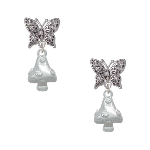 Delight Jewelry Silvertone 3-D Mushroom with Clear Crystals Silvertone Antiqued Butterfly Post Earrings