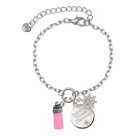 Delight Jewelry Silvertone 3-D Pink Baby Bottle Silvertone Discover Dream Explore Zoey Charm Bracelet, 6.5+2" Extender