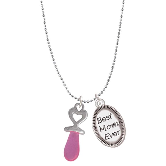 Delight Jewelry Silvertone 3-D Pink Baby Pacifier Best Mom Ever Charm Necklace