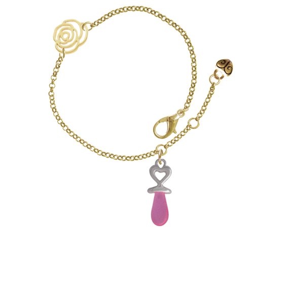 Delight Jewelry Silvertone 3-D Pink Baby Pacifier Gold-tone Rose Link Chain Bracelet, 6.25"+1.75" Extender