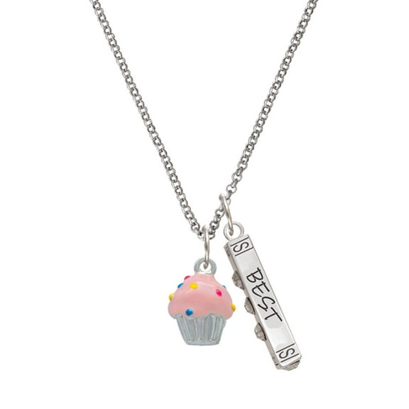 Delight Jewelry Silvertone 3-D Pink Cupcake with Sprinkles Silvertone Best Friends Forever Bar Charm Necklace, 23"