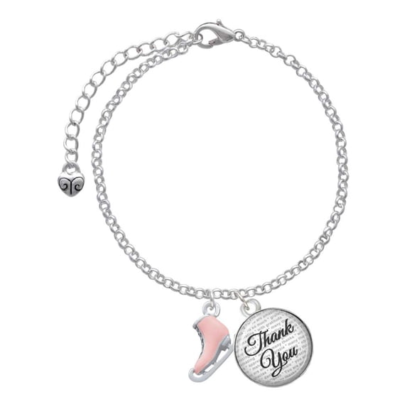 Delight Jewelry Silvertone 3-D Pink Ice Skate - Domed Thank You Charm Bracelet, 6"+2"