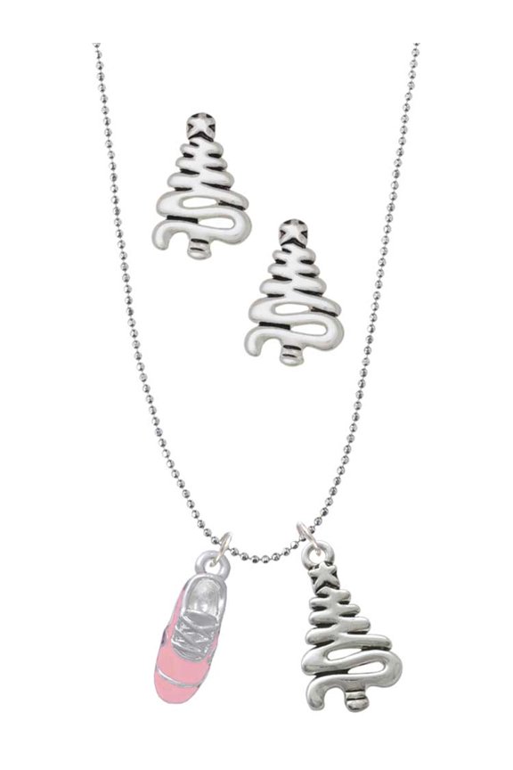 Silvertone 3-D Pink Running Shoe Silver tone Zig Zag Christmas Tree Charm Necklace and Stud Earrings