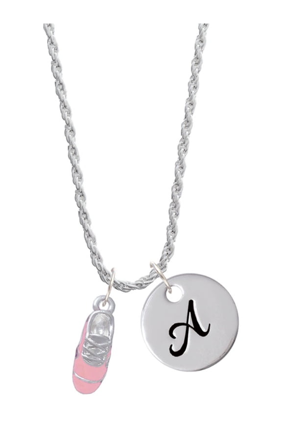 Silvertone 3-D Pink Running Shoe Silvertone Script Initial Disc - A - Charm Necklace, 20"+3"