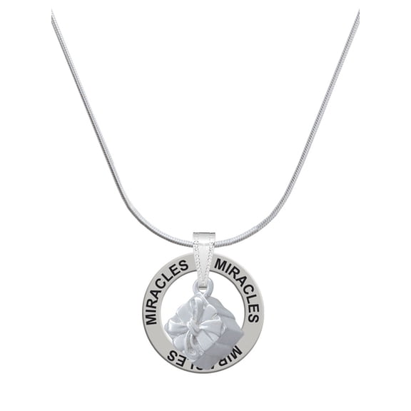 Delight Jewelry Silvertone 3-D Present Box with Bow and Crystal Miracles Ring Charm Necklace, 18"