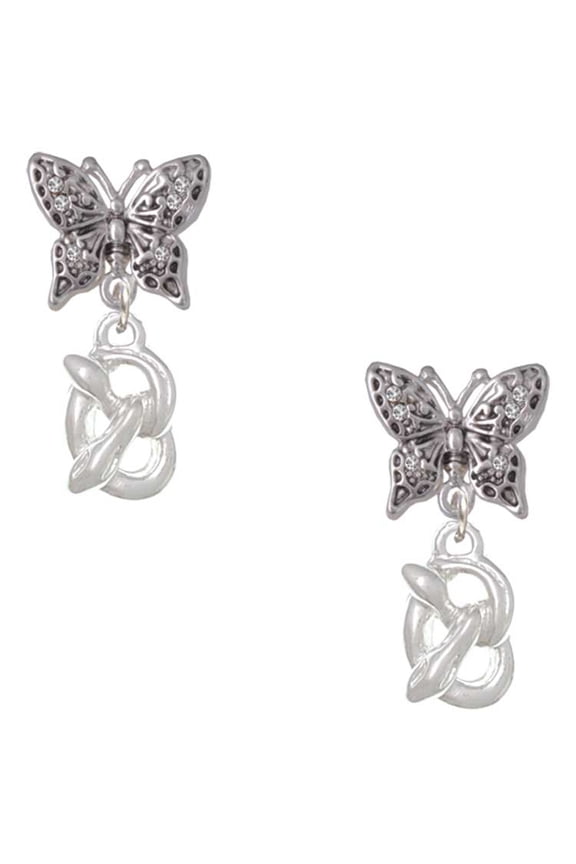Silvertone 3-D Pretzel Silvertone Antiqued Butterfly Post Earrings