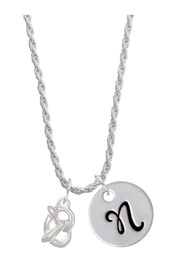Silvertone 3-D Pretzel Silvertone Script Initial Disc - N - Charm Necklace, 20"+3"