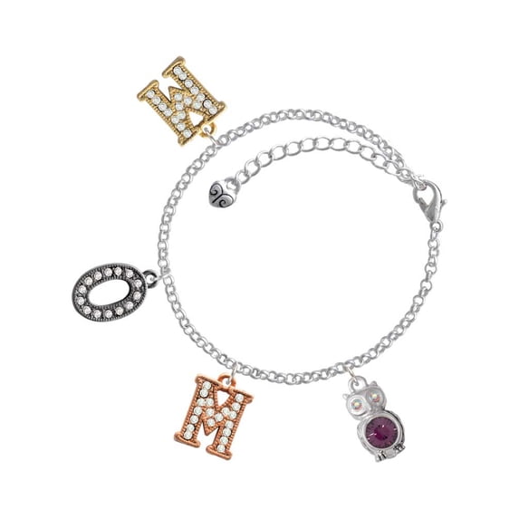 Delight Jewelry Silvertone 3-D Purple & AB Crystal Owl Multi-Colored Crystal Mom Charm Bracelet