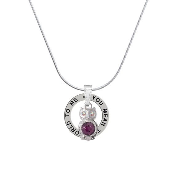 Delight Jewelry Silvertone 3-D Purple & AB Crystal Owl Silver-tone You Mean the World to Me Ring Necklace, 18"