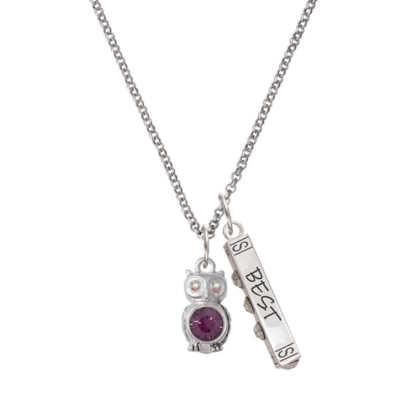 Delight Jewelry Silvertone 3-D Purple & AB Crystal Owl Silvertone Best Friends Forever Bar Charm Necklace, 23"