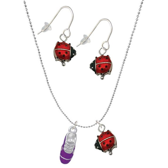 Delight Jewelry Silvertone 3-D Purple Running Shoe Red Lucky Ladybug Necklace and Dangle Earrings Set