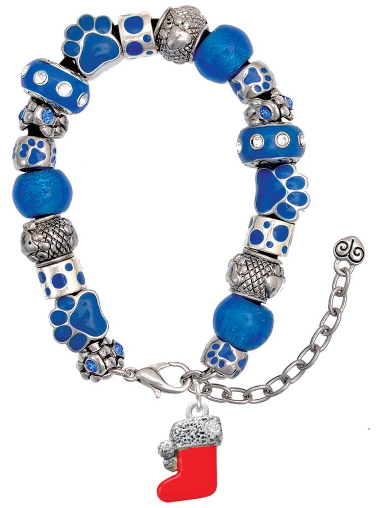 Delight Jewelry Silvertone 3-D Red Christmas Stocking Blue Paw Print Bead Bracelet, 7"+2"