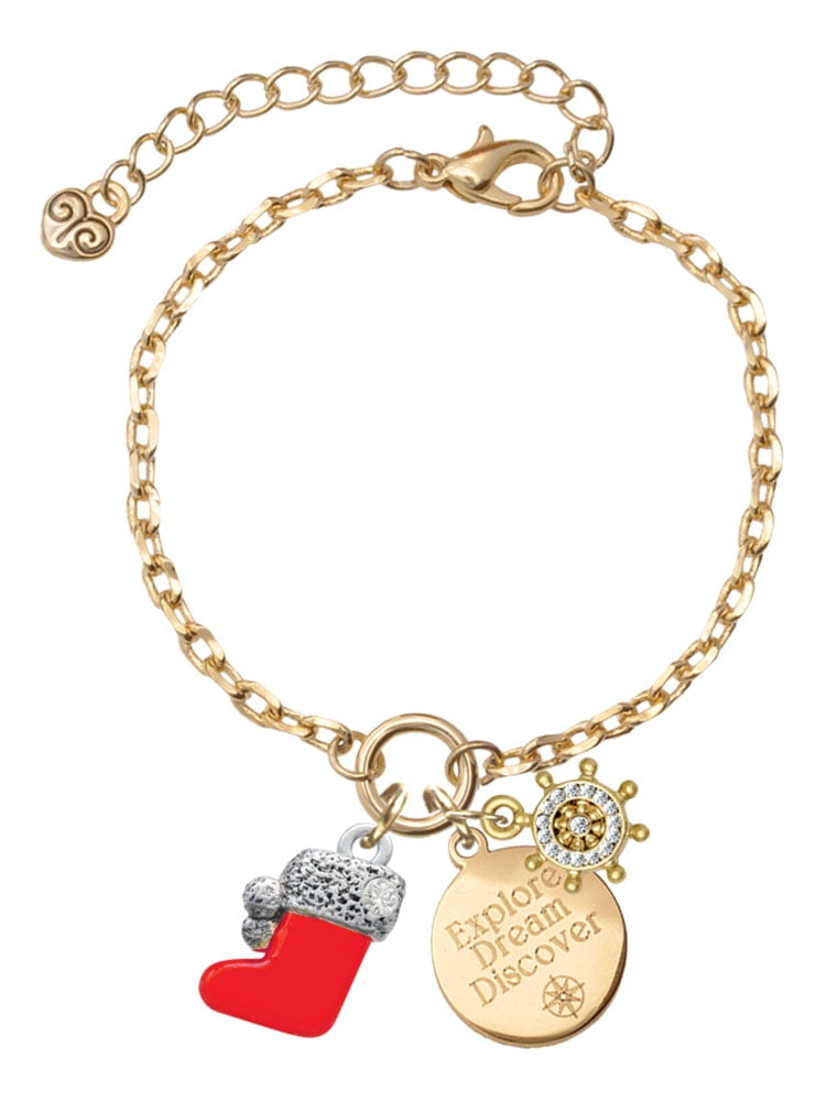Delight Jewelry Silvertone 3-D Red Christmas Stocking Goldtone Discover Dream Explore Zoey Charm Bracelet, 6.5+2" Extender