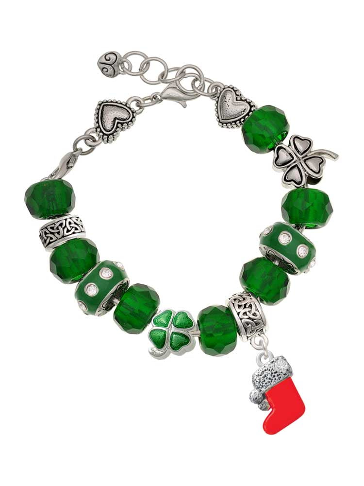 Delight Jewelry Silvertone 3-D Red Christmas Stocking - Green Irish Luck Bead Charm Bracelet, 7.5"