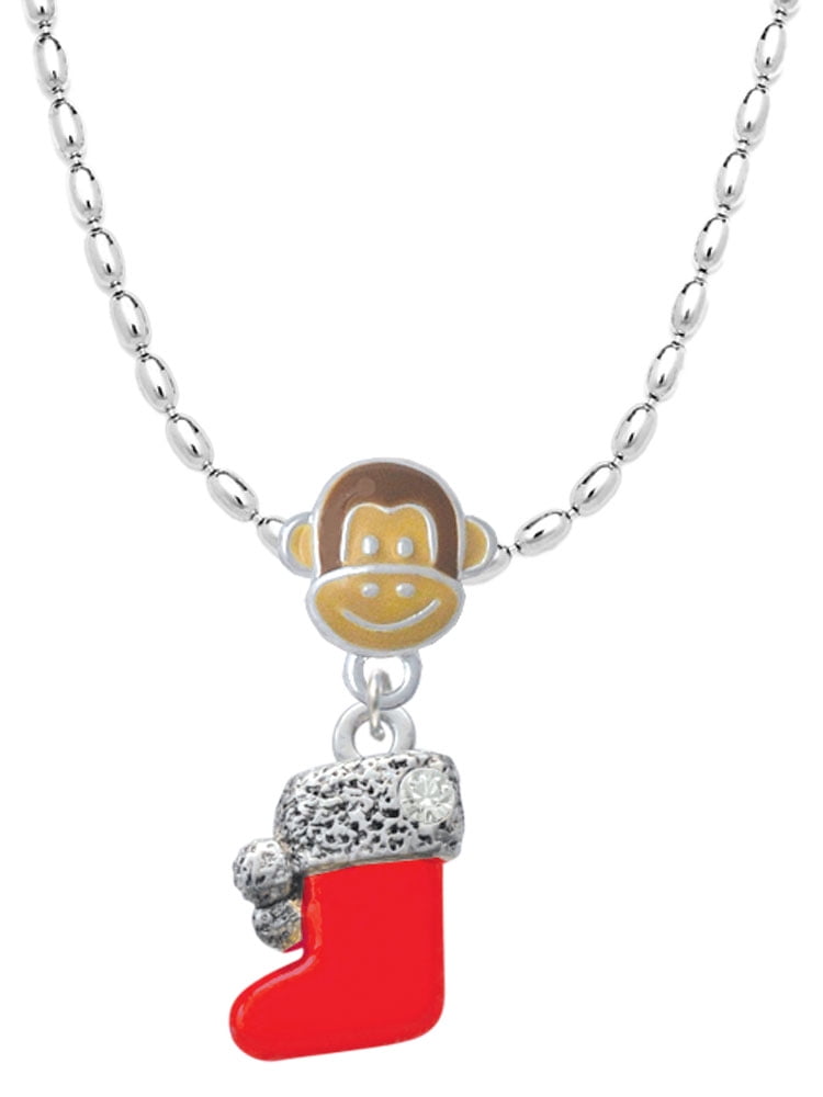 Delight Jewelry Silvertone 3-D Red Christmas Stocking Mia Monkey Charm Necklace