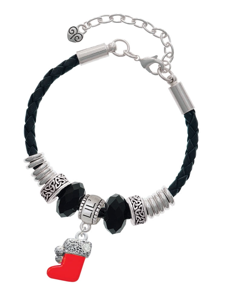 Delight Jewelry Silvertone 3-D Red Christmas Stocking Middle Sister Celtic Knot Leather Bead Bracelet, 7"+2" Extender