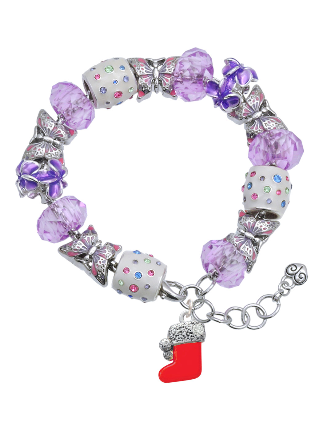 Delight Jewelry Silvertone 3-D Red Christmas Stocking Purple Butterfly Bead Charm Bracelet, 7"+1" Extender