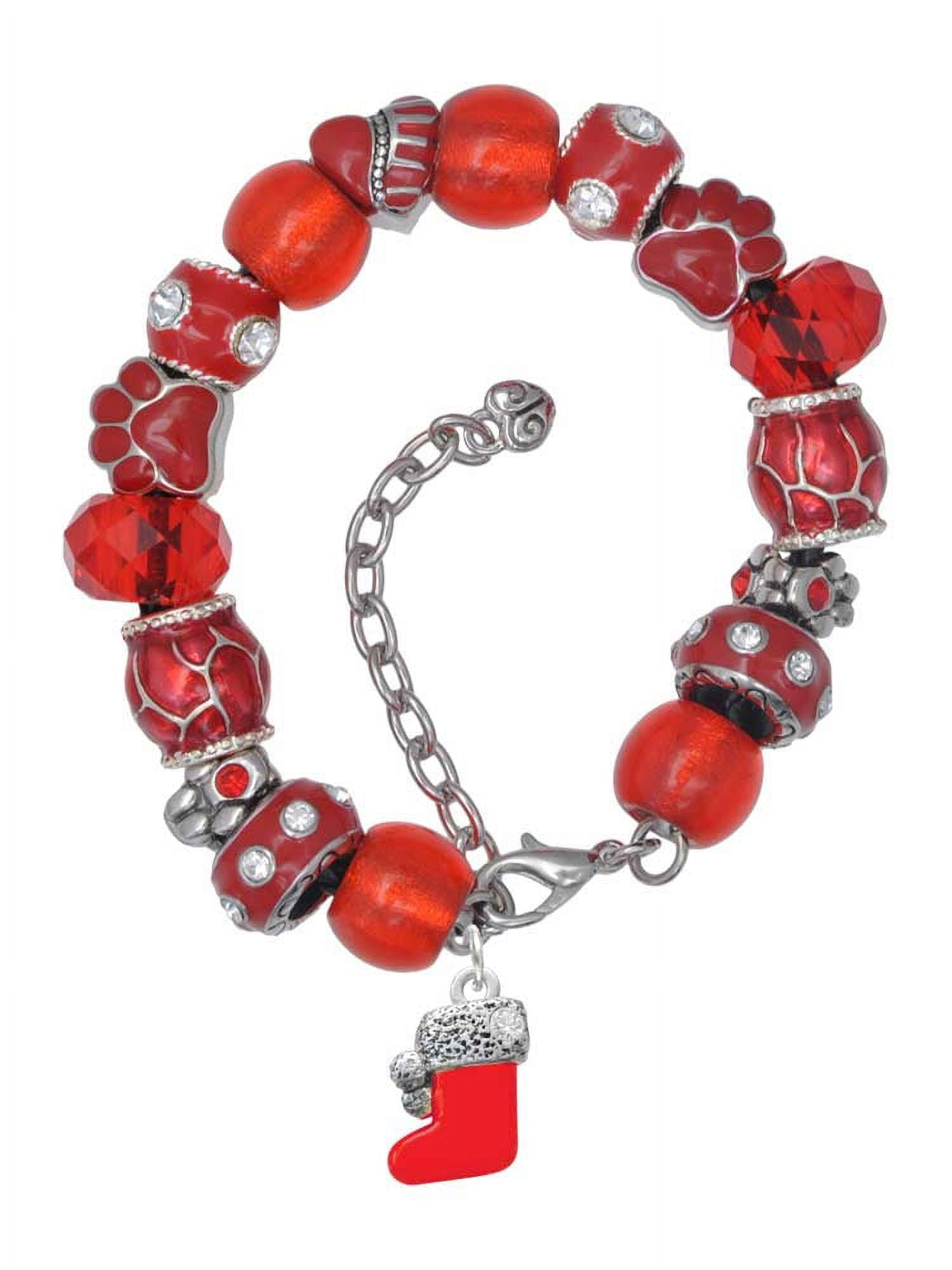 Delight Jewelry Silvertone 3-D Red Christmas Stocking Red Paw Print Bead Bracelet, 7"+2"