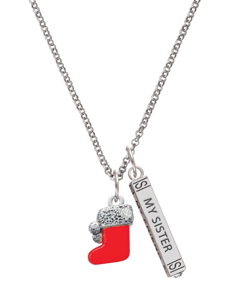 Delight Jewelry Silvertone 3-D Red Christmas Stocking Silvertone Always My Sister Bar Charm Necklace, 23"