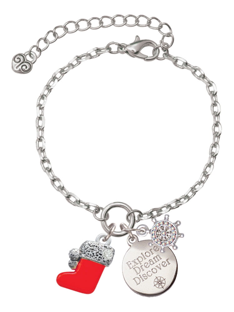 Delight Jewelry Silvertone 3-D Red Christmas Stocking Silvertone Discover Dream Explore Zoey Charm Bracelet, 6.5+2" Extender