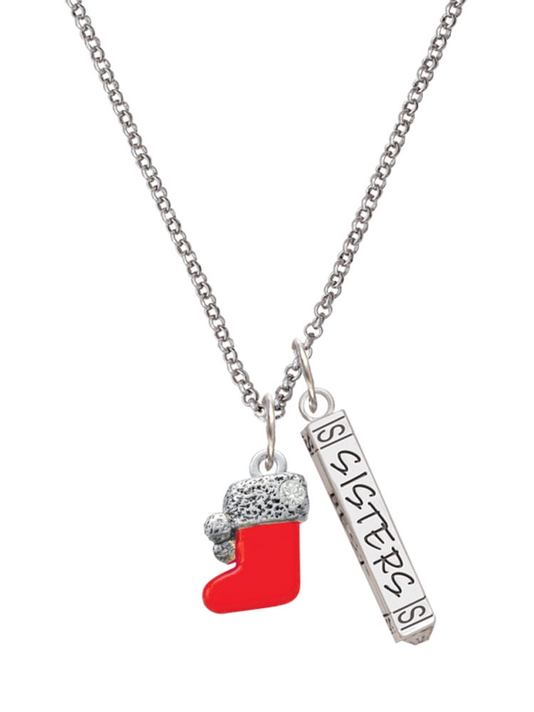 Delight Jewelry Silvertone 3-D Red Christmas Stocking Silvertone Sisters Best Friends Forever Bar Charm Necklace, 23"
