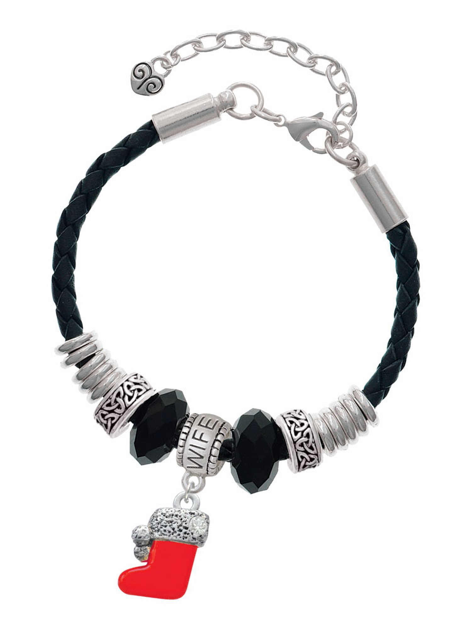 Delight Jewelry Silvertone 3-D Red Christmas Stocking Wife Celtic Knot Leather Bead Bracelet, 7"+2" Extender