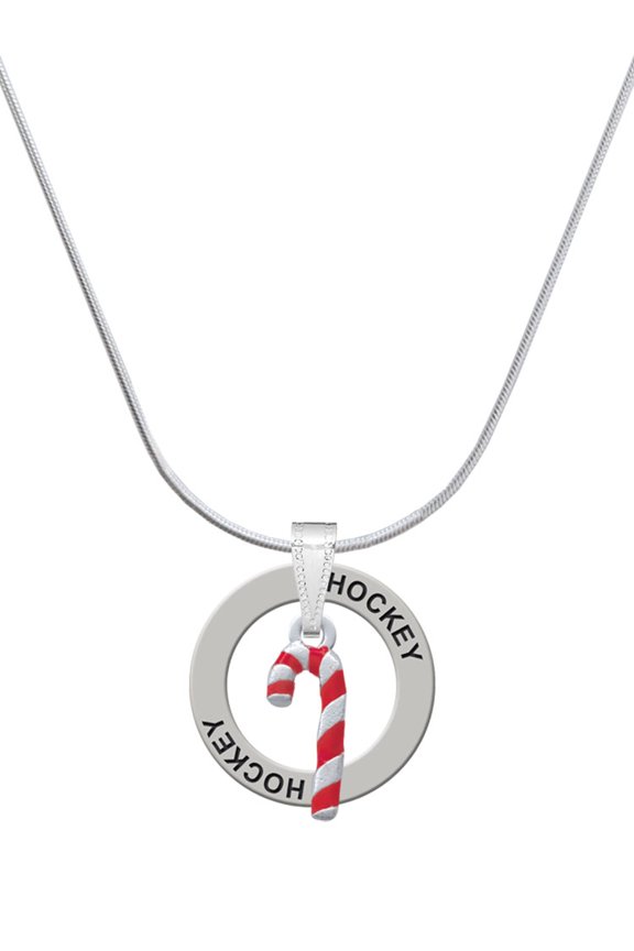 Silvertone 3-D Red Enamel Candy Cane Hockey Ring Charm Necklace, 18"